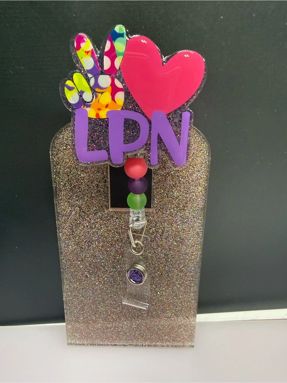 Glitter LPN Badge Reel with Colorful Heart & Peace Sign